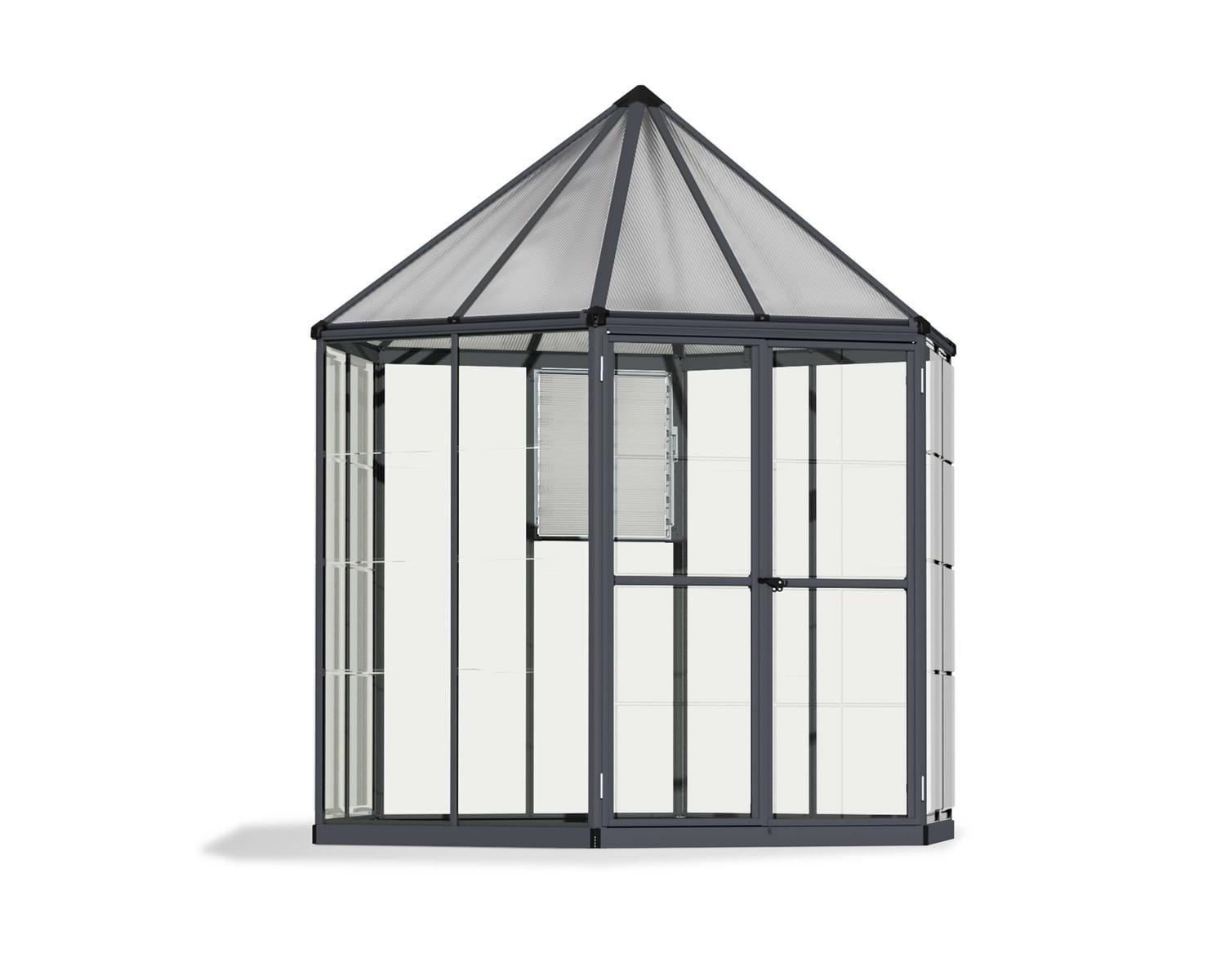 Oasis hexagonal greenhouse with grey frame and clear polycarbonate panels