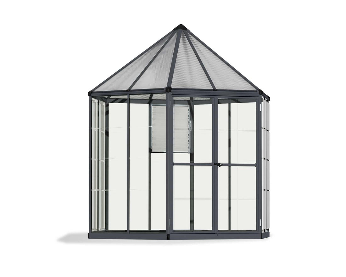 Oasis hexagonal greenhouse with grey frame and clear polycarbonate panels