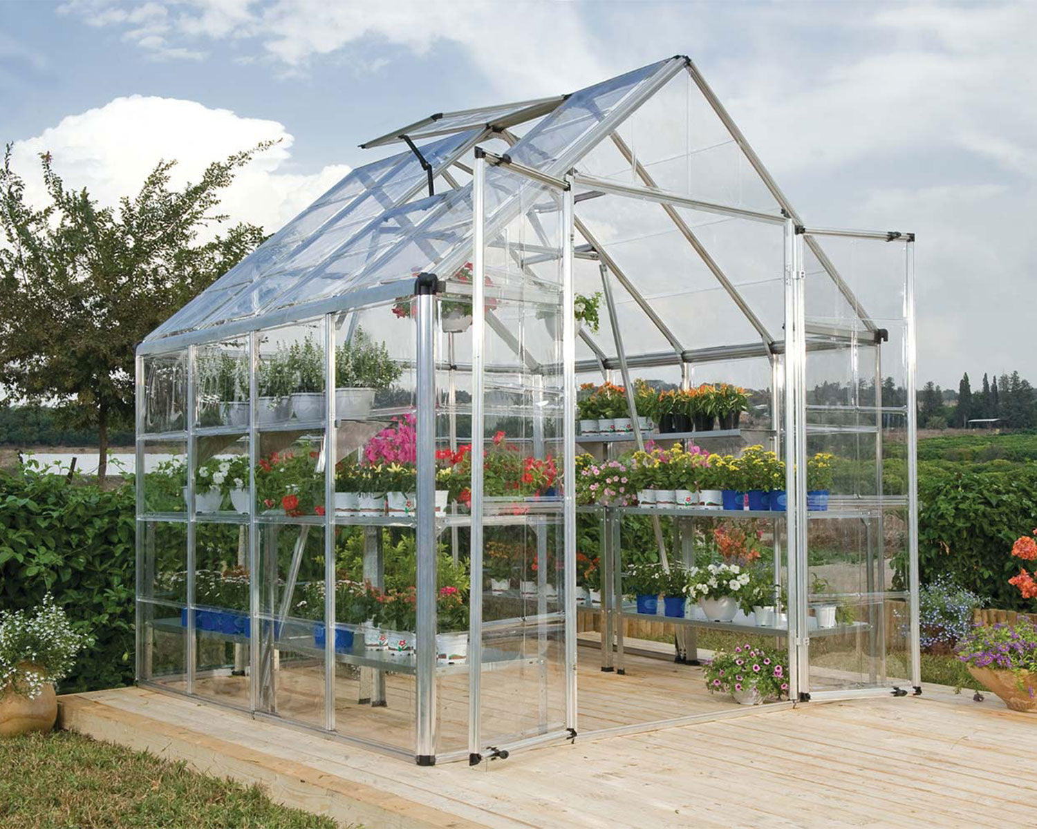 Snap & Grow 8ft greenhouse, silver structure and clear glazing, alternate angle
