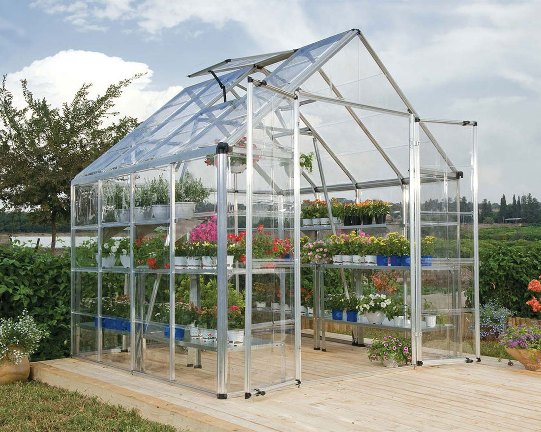 Snap & Grow 8ft greenhouse, silver structure and clear glazing, alternate angle