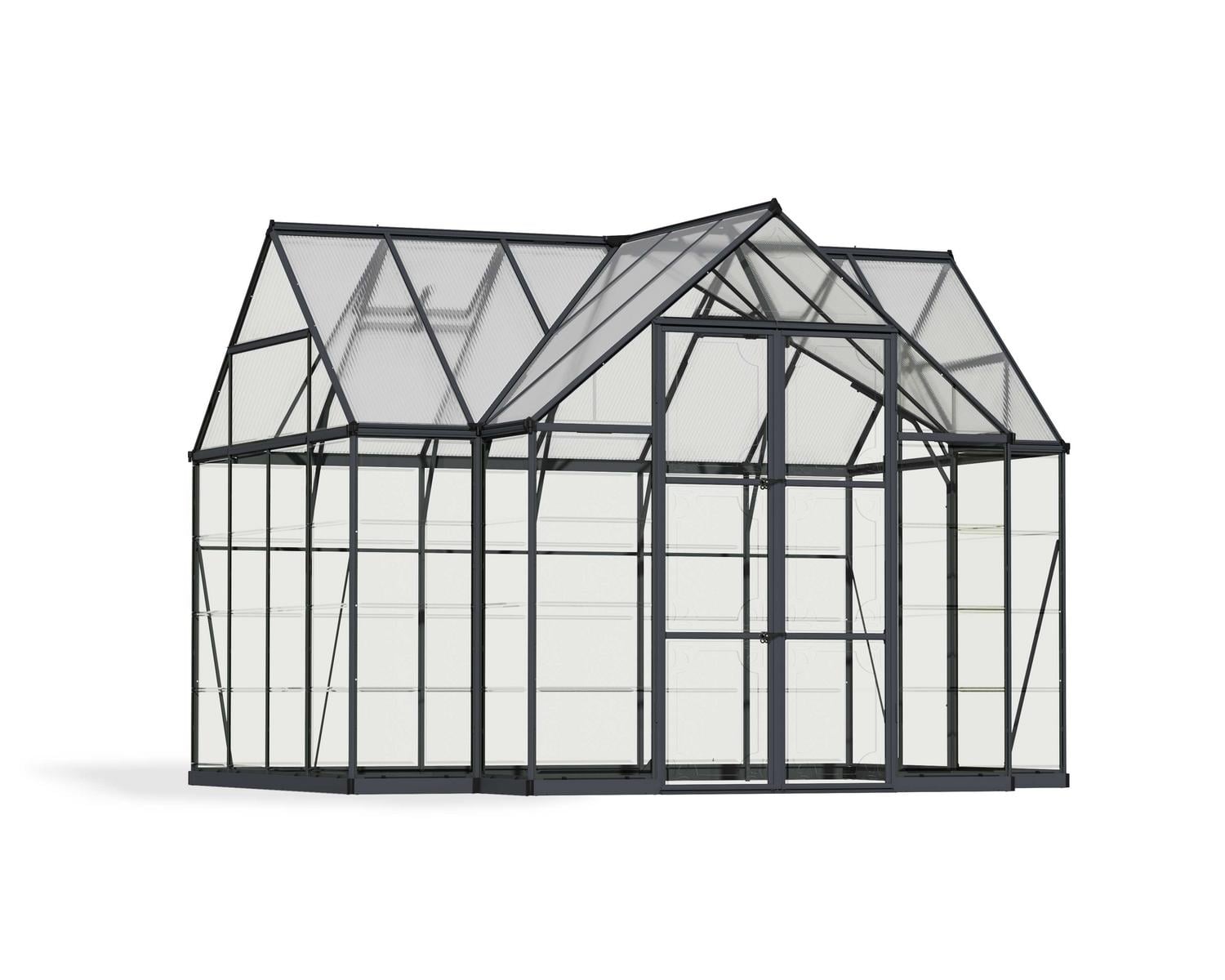 Victory Orangery greenhouse, grey frame with clear panels, elegant modern design, studio cutout
