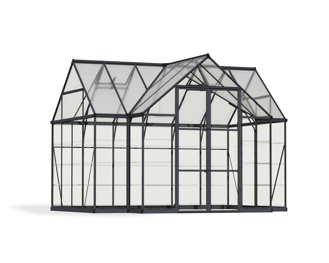 Victory Orangery greenhouse, grey frame with clear panels, elegant modern design, studio cutout