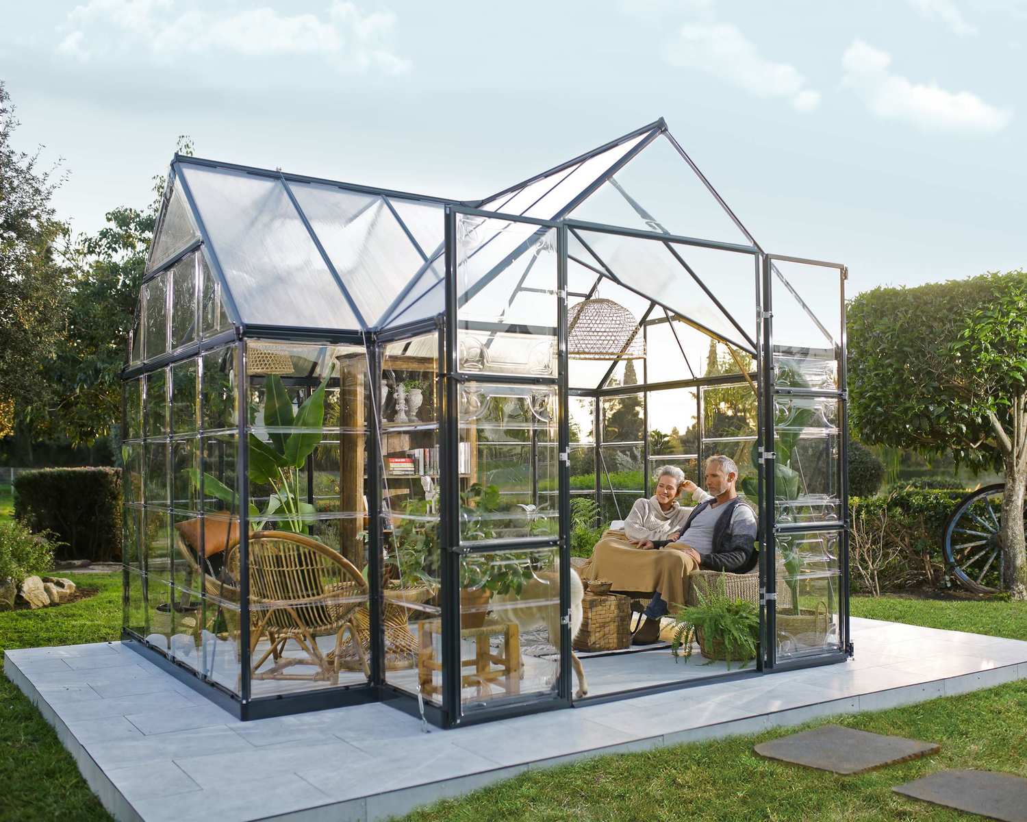 Victory Orangery greenhouse, full unit on lawn, alternate angle