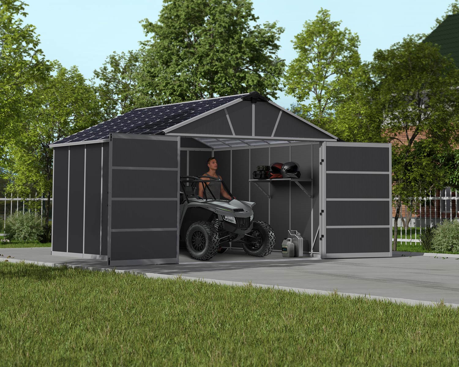 Yukon Garage Shed ATV parked, exterior/wide-door view
