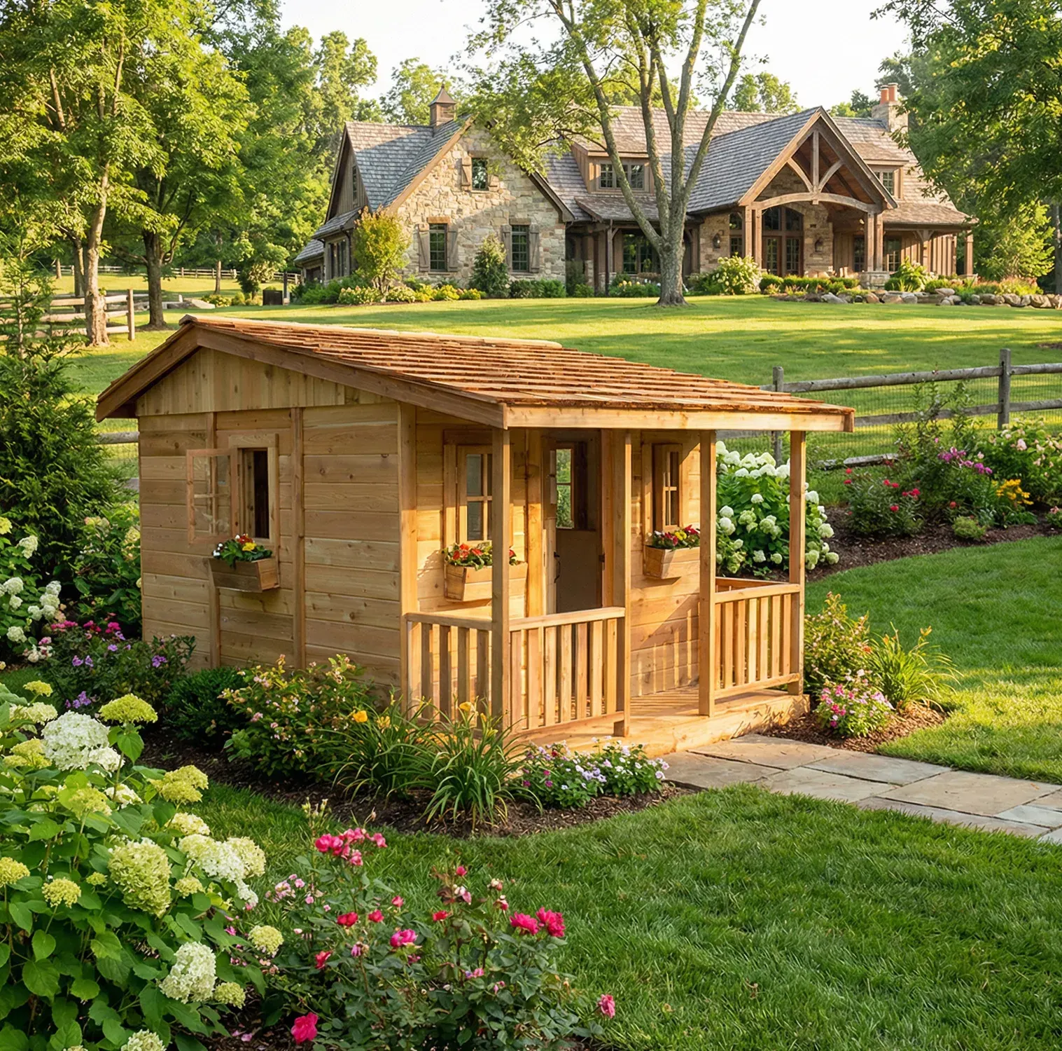 Cedar Cabin Playhouse - Elevated with integrated sandbox by OLT