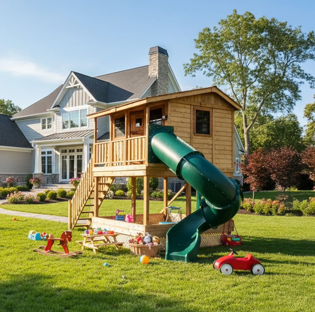 Cedar Cabin Playhouse - Elevated with integrated sandbox by OLT
