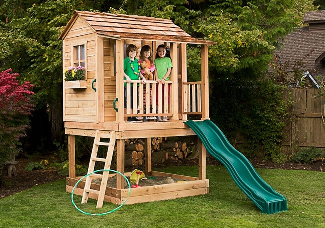 OLT 6x6 Elevated Cedar Playhouse with sandbox, exterior view