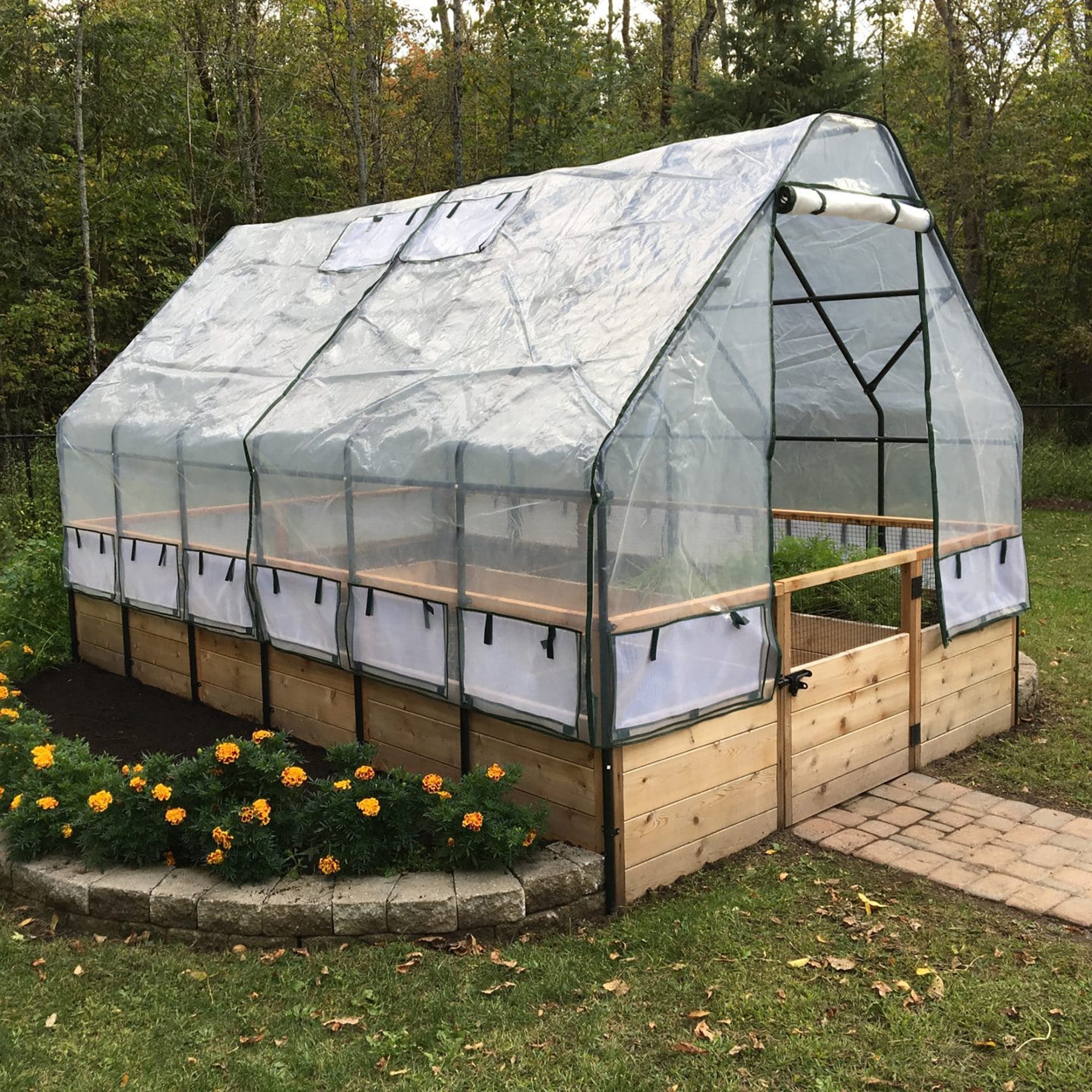8'x12' raised cedar garden bed with greenhouse cover, left side view