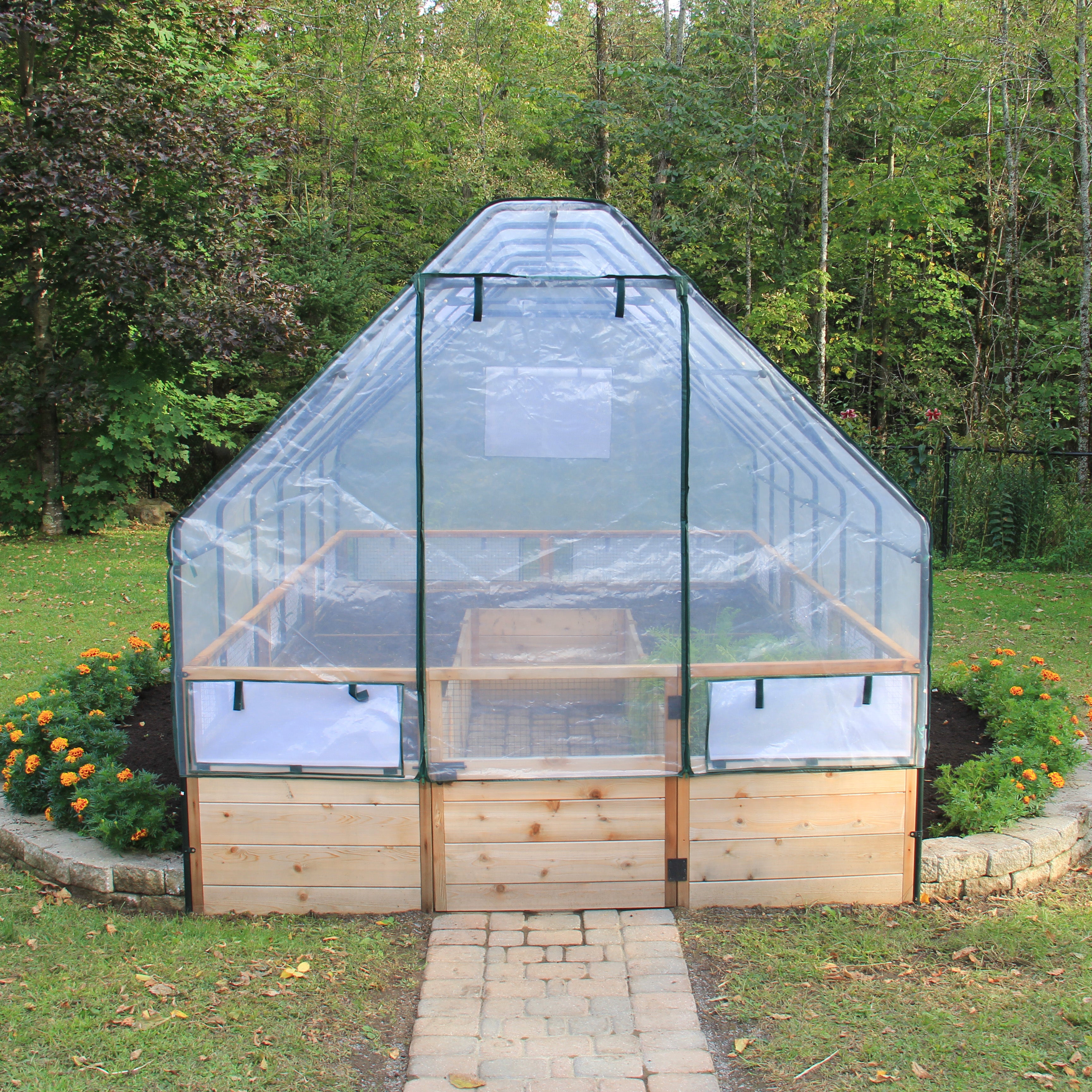 8'x12' raised cedar garden bed with greenhouse cover, front view