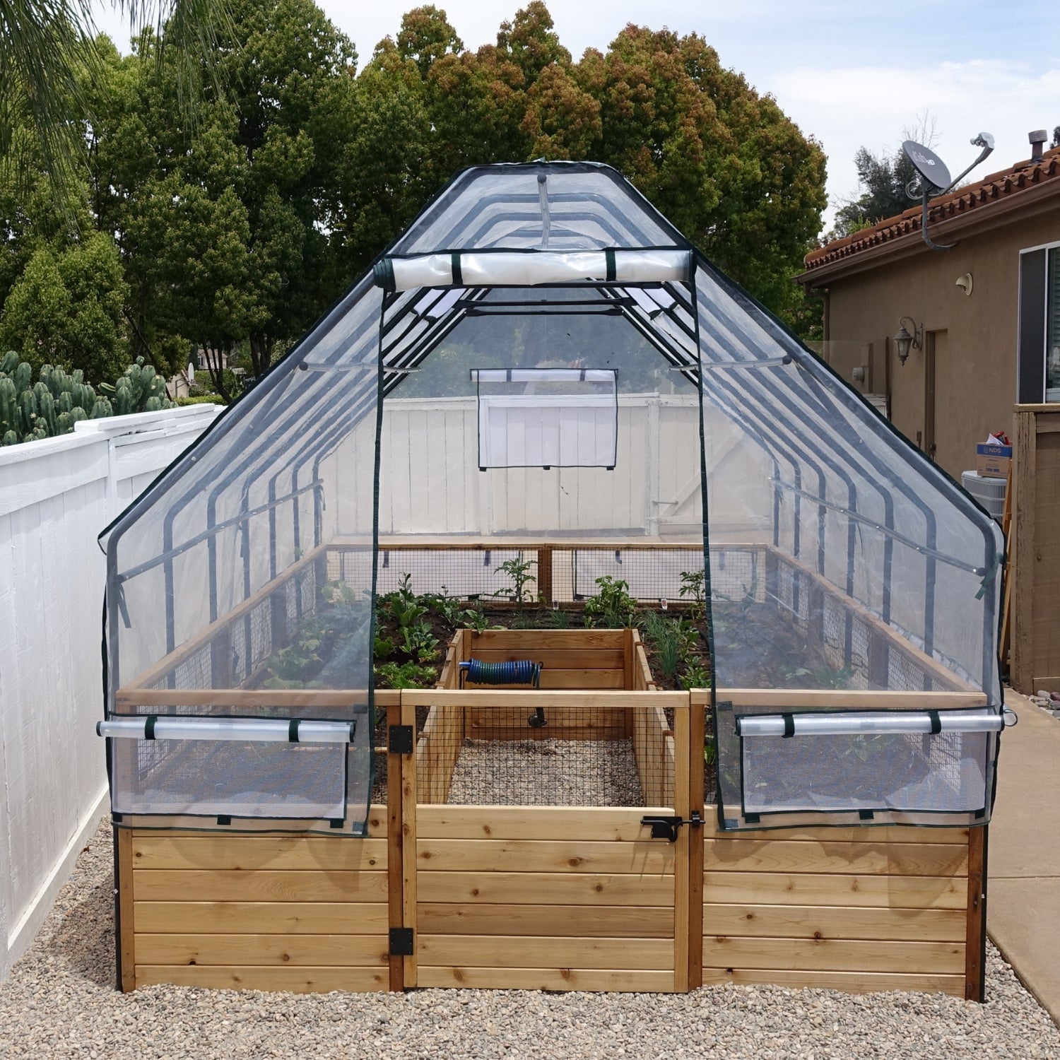 8'x12' raised cedar garden bed with greenhouse cover, product photo, alternate angle
