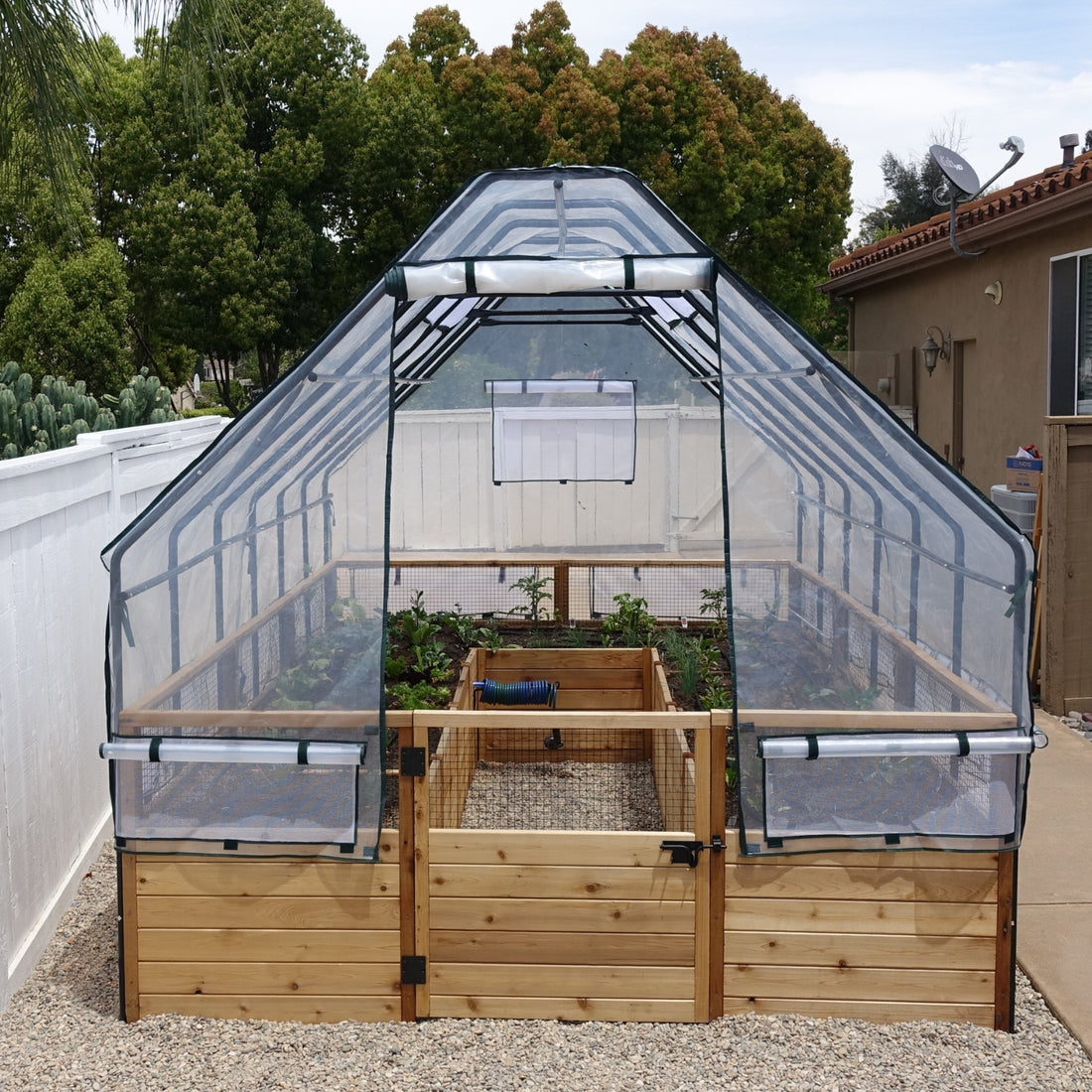 8'x12' raised cedar garden bed with greenhouse cover, product photo, alternate angle