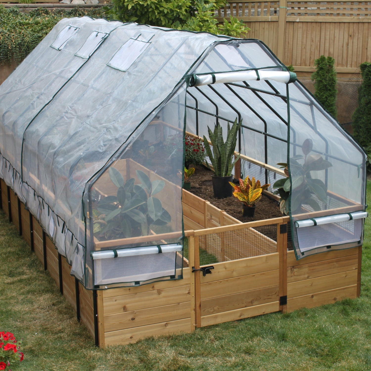 8'x16' raised cedar garden bed with greenhouse cover, product photo, alternate angle