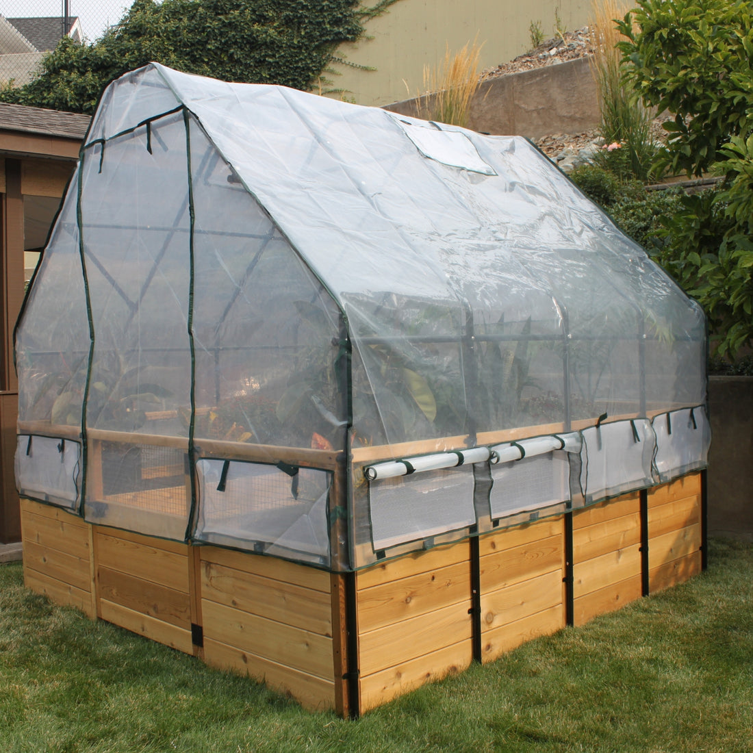 8'x8' raised cedar garden bed with greenhouse cover, product photo