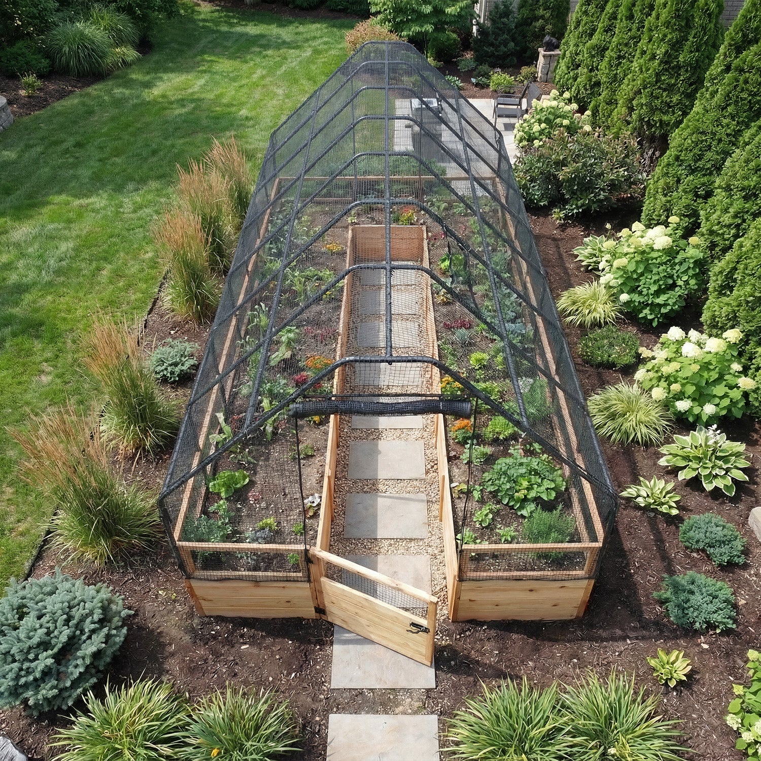 8'x16' raised cedar garden bed with bird netting kit, exterior view