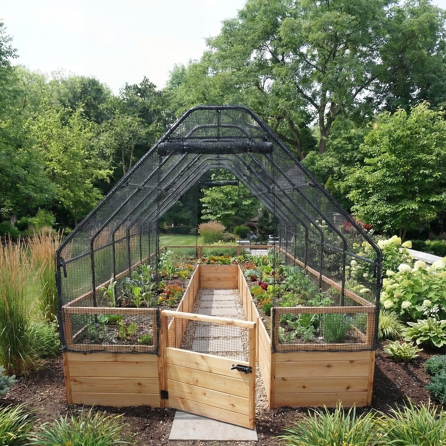 8'x16' raised cedar garden bed with bird netting kit, additional exterior view