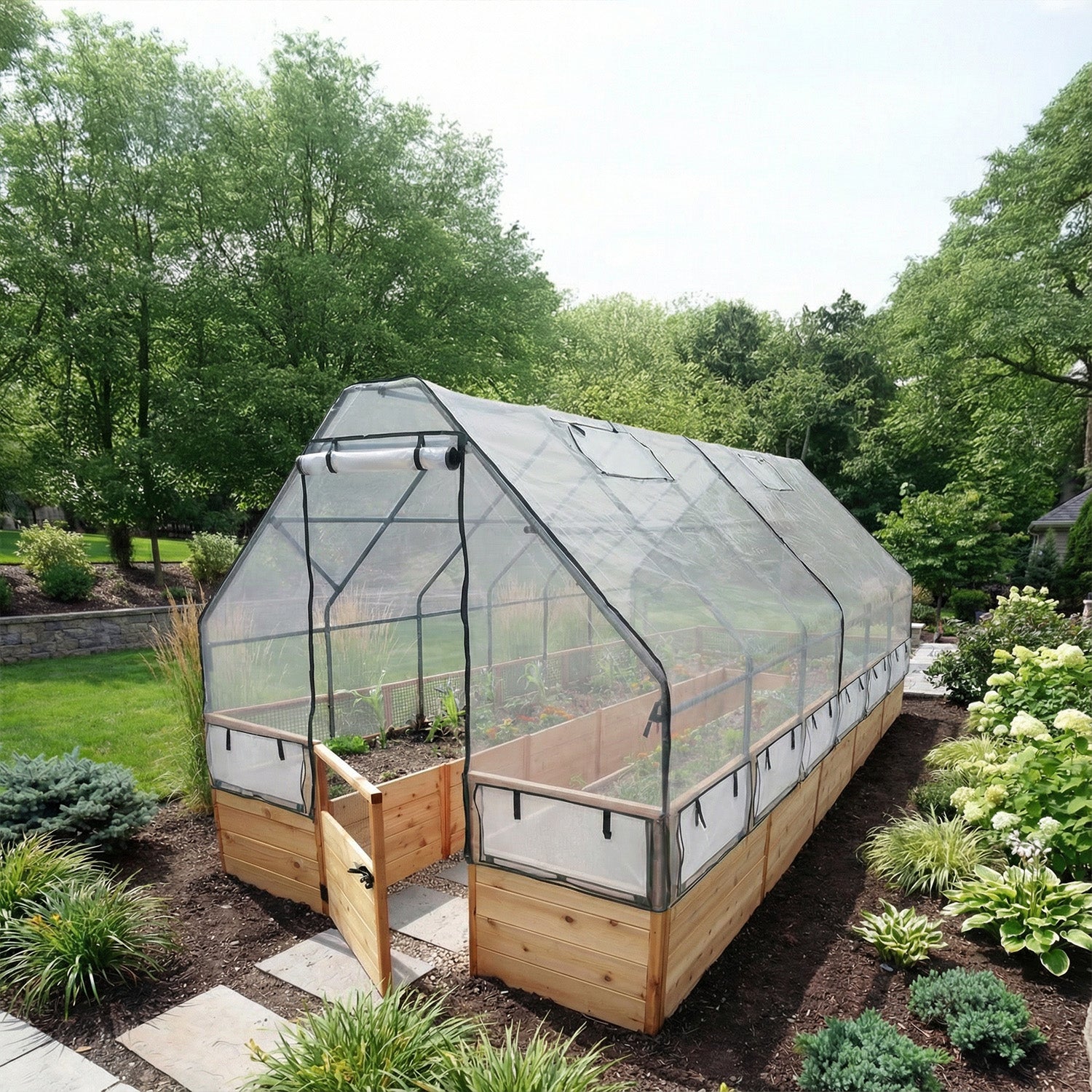 8'x16' raised cedar garden bed with greenhouse cover kit, exterior view