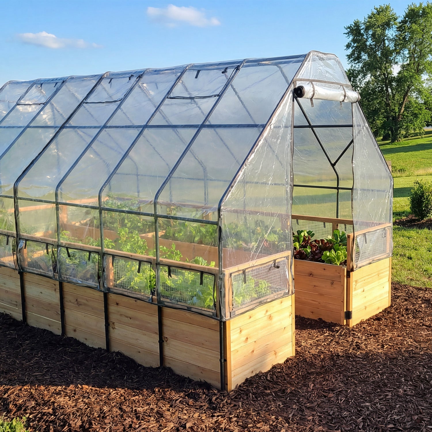 8'x16' raised cedar garden bed with greenhouse cover kit, additional view