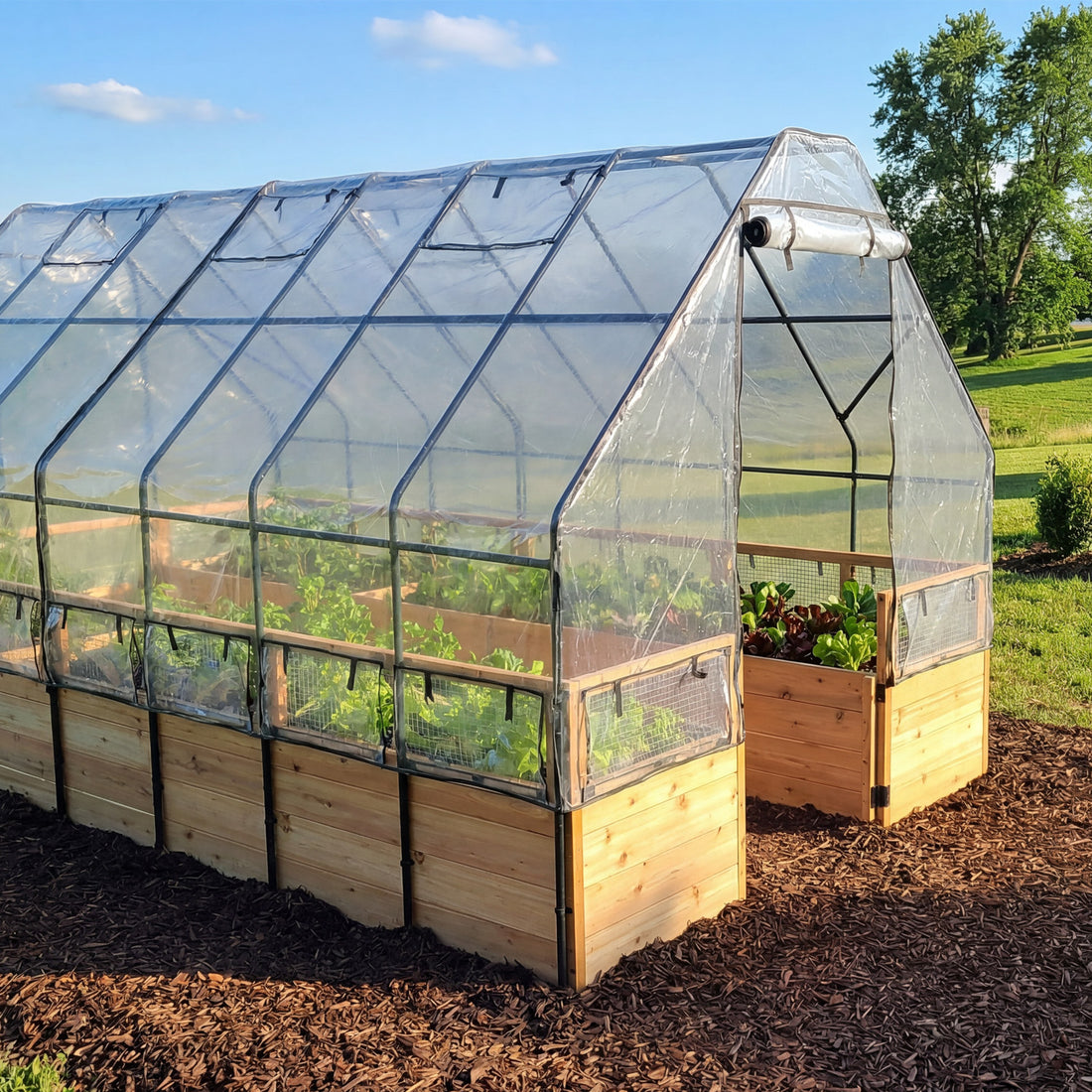 8'x16' raised cedar garden bed with greenhouse cover kit, additional view