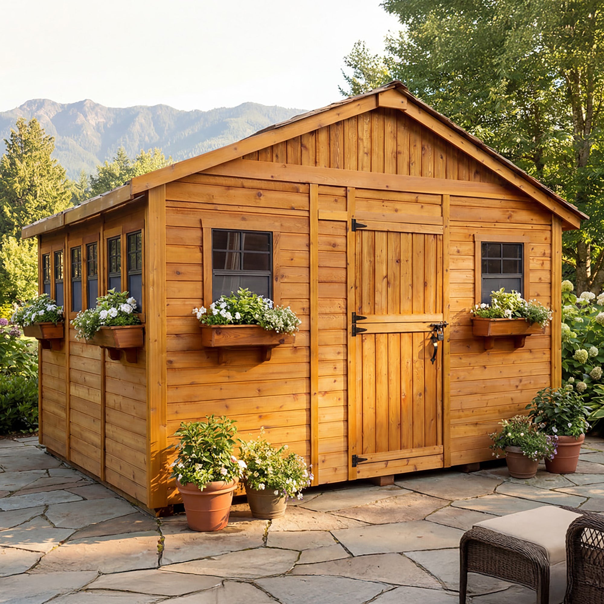 OLT Sunshed Garden Shed 12x12 cedar roof, left side rendering