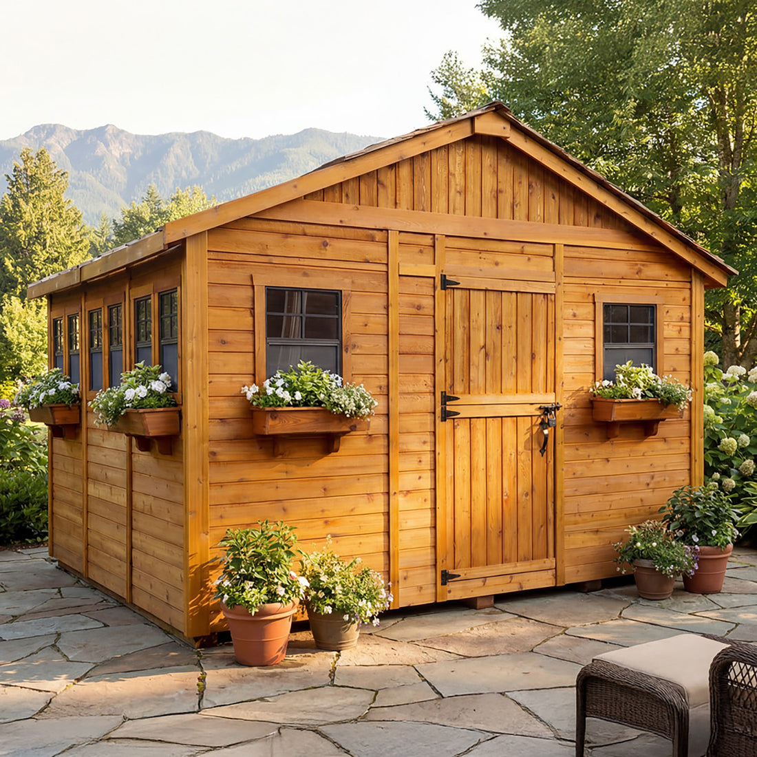OLT Sunshed Garden Shed 12x12 cedar roof, left side rendering
