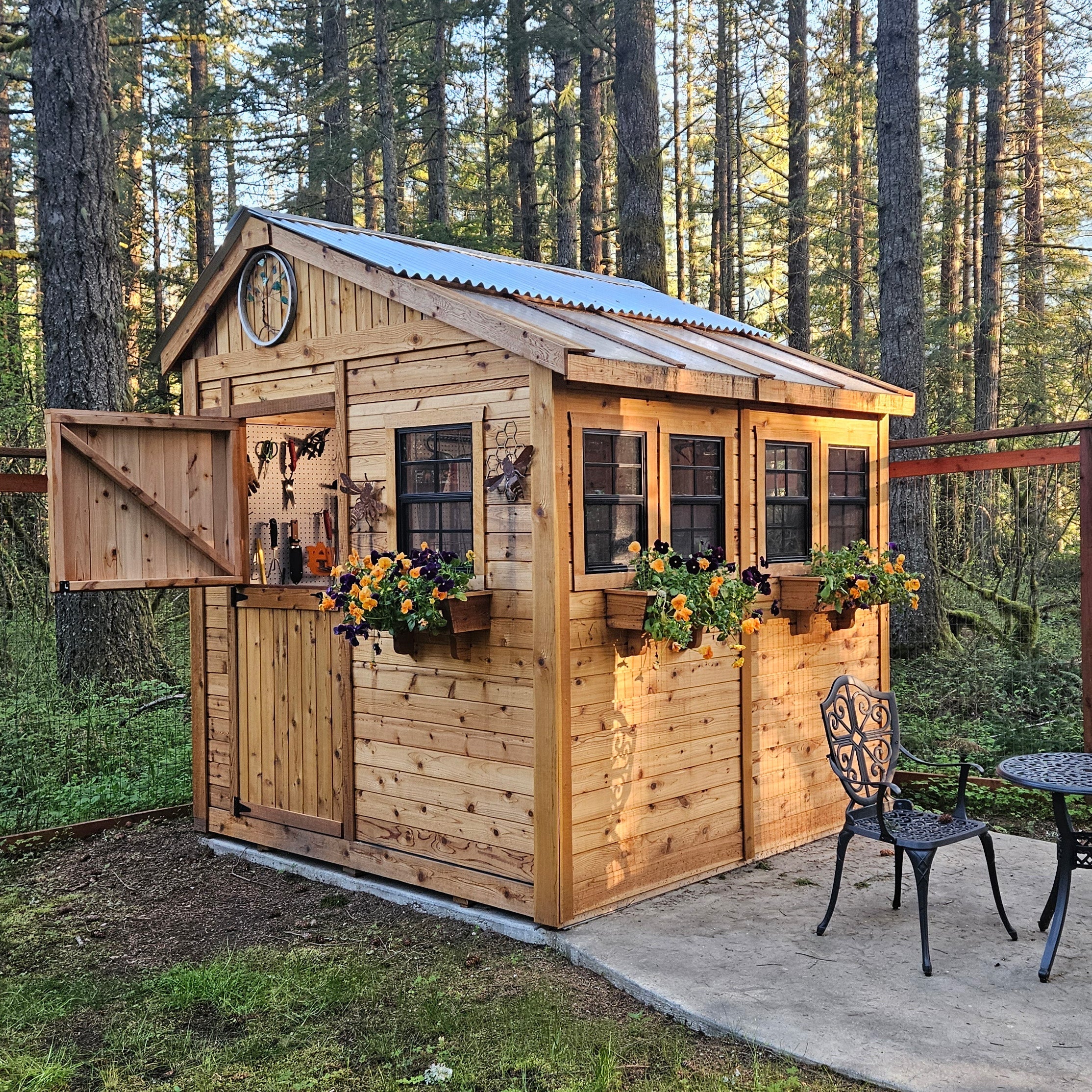 OLT Sunshed Garden Shed 8x8 with metal roof, rear side view