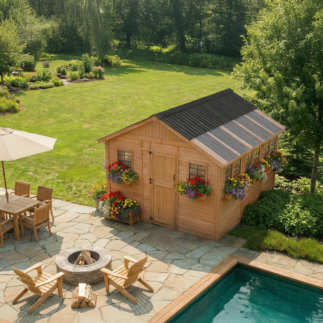 Cedar Sunshed with a drone view in a backyard setting 