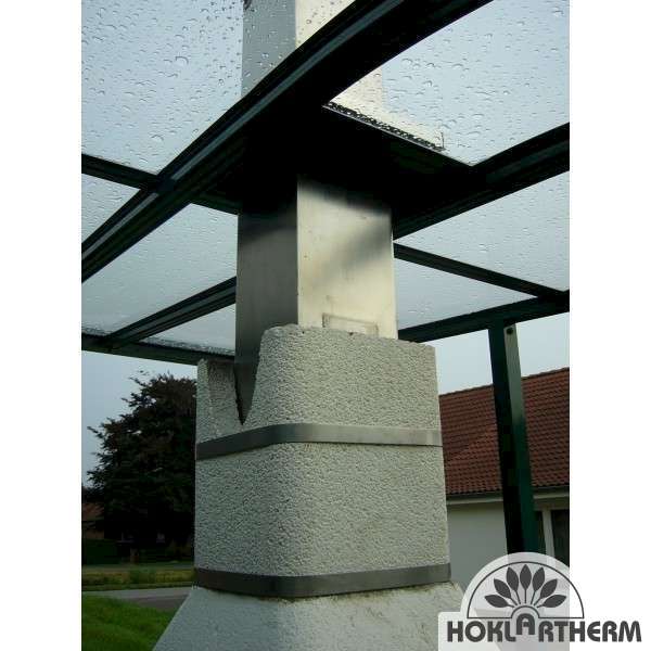 Concrete pillar with metal band under a glass roof structure, featuring Hoklatherm logo.