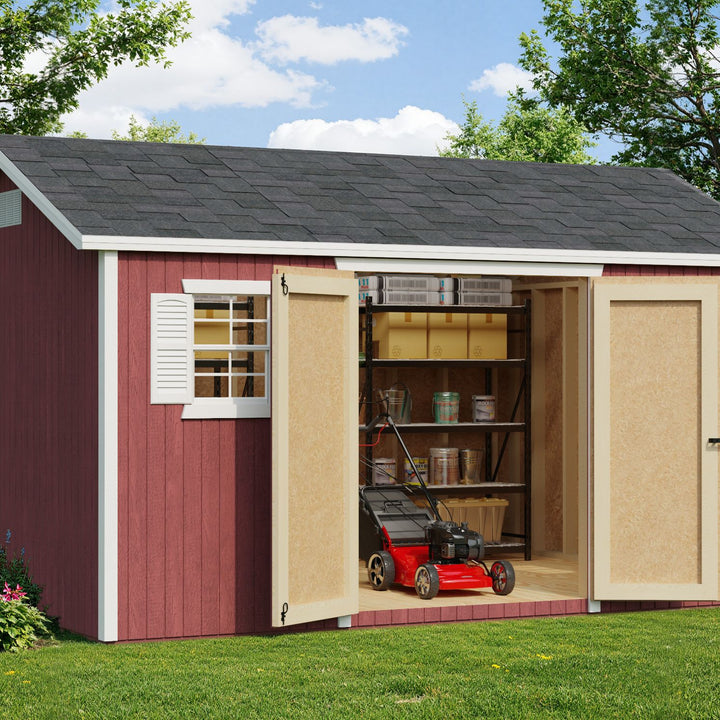 Classic Workshop & Garden Shed in a real backyard setting with red doors