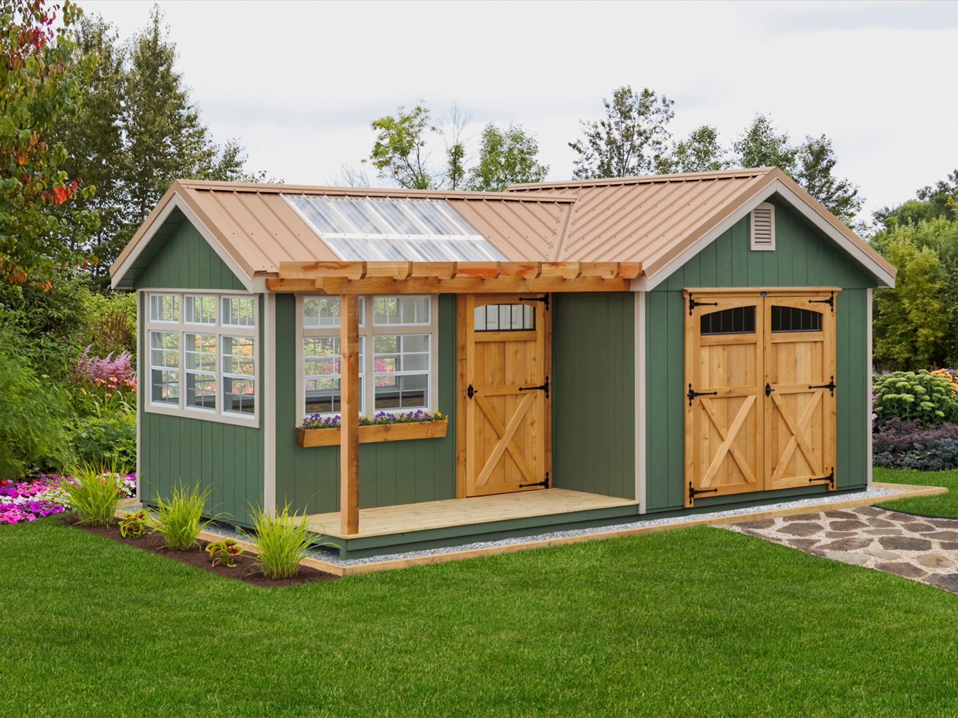 garden shed with cedar stained doors and greenhouse roof panels