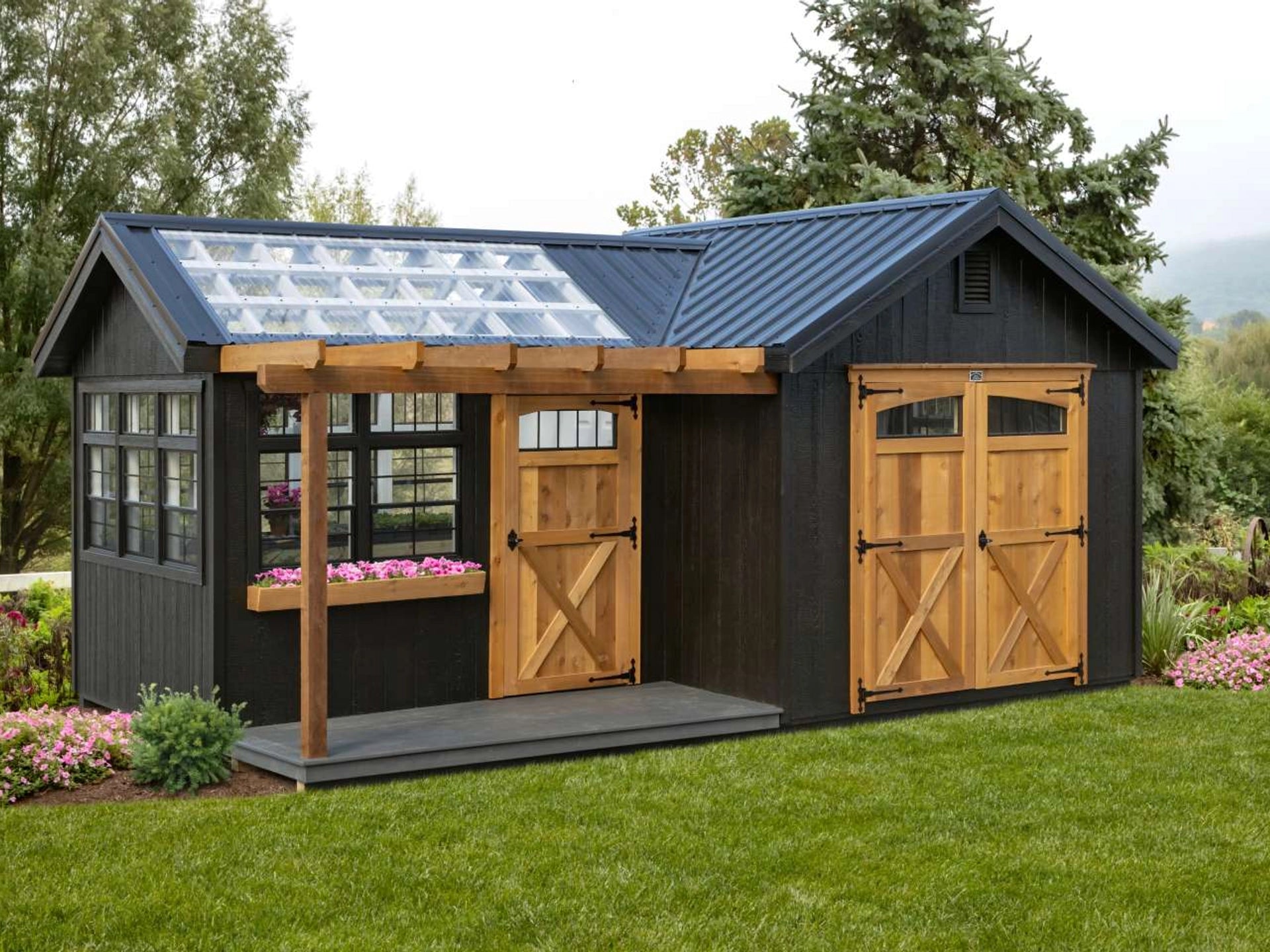 Cottage style greenhouse shed with cedar doors and pergola