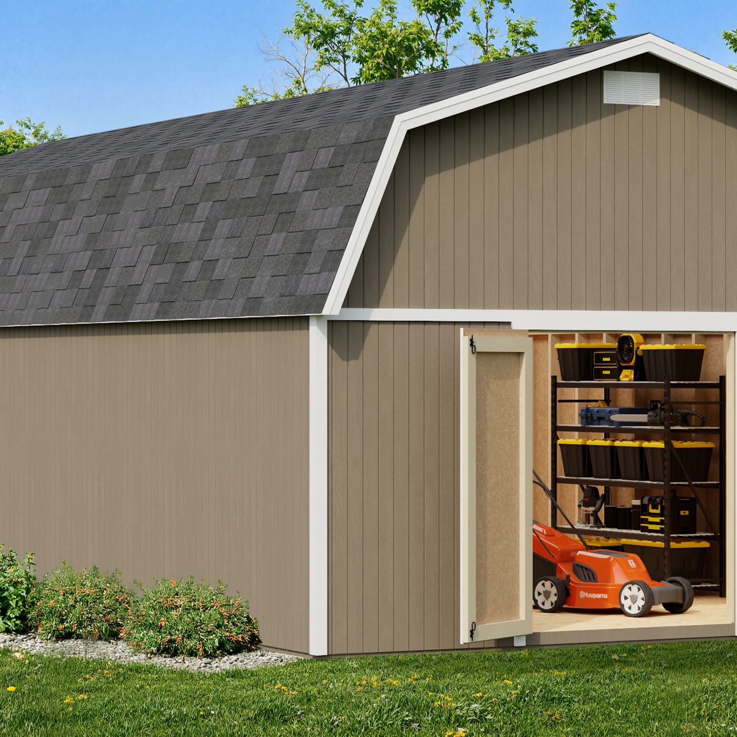 Classic Gambrel Large Barn Shed in a real backyard setting