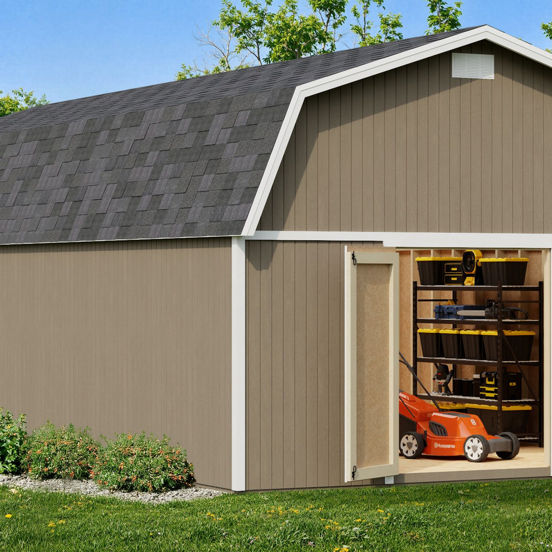 Classic Gambrel Large Barn Shed in a real backyard setting