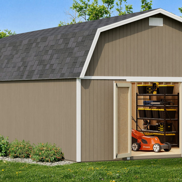 Classic Gambrel Large Barn Shed in a real backyard setting