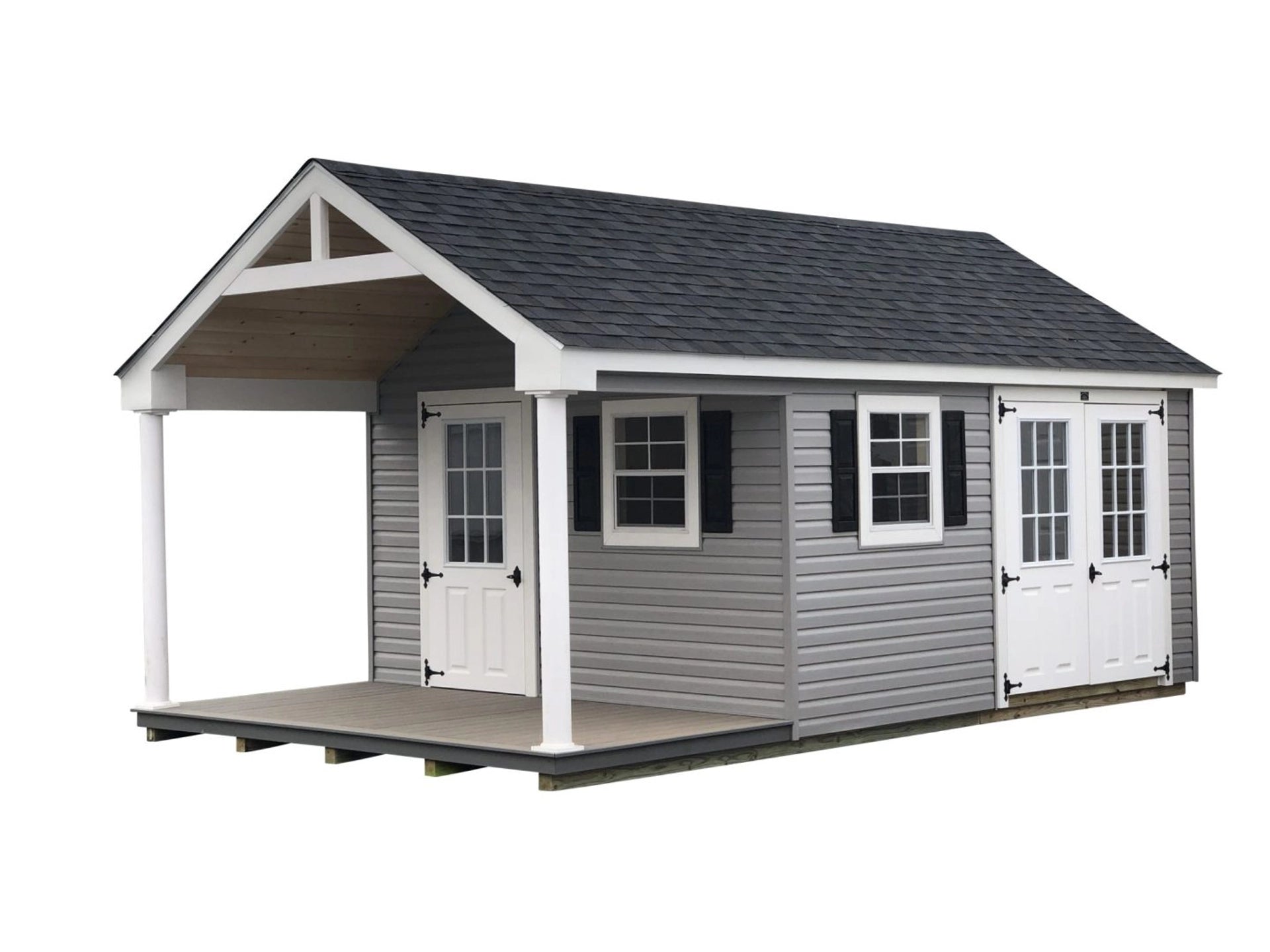 Woodsman Garden Shed with Covered Deck and loft - Prebuilt with finished interior option