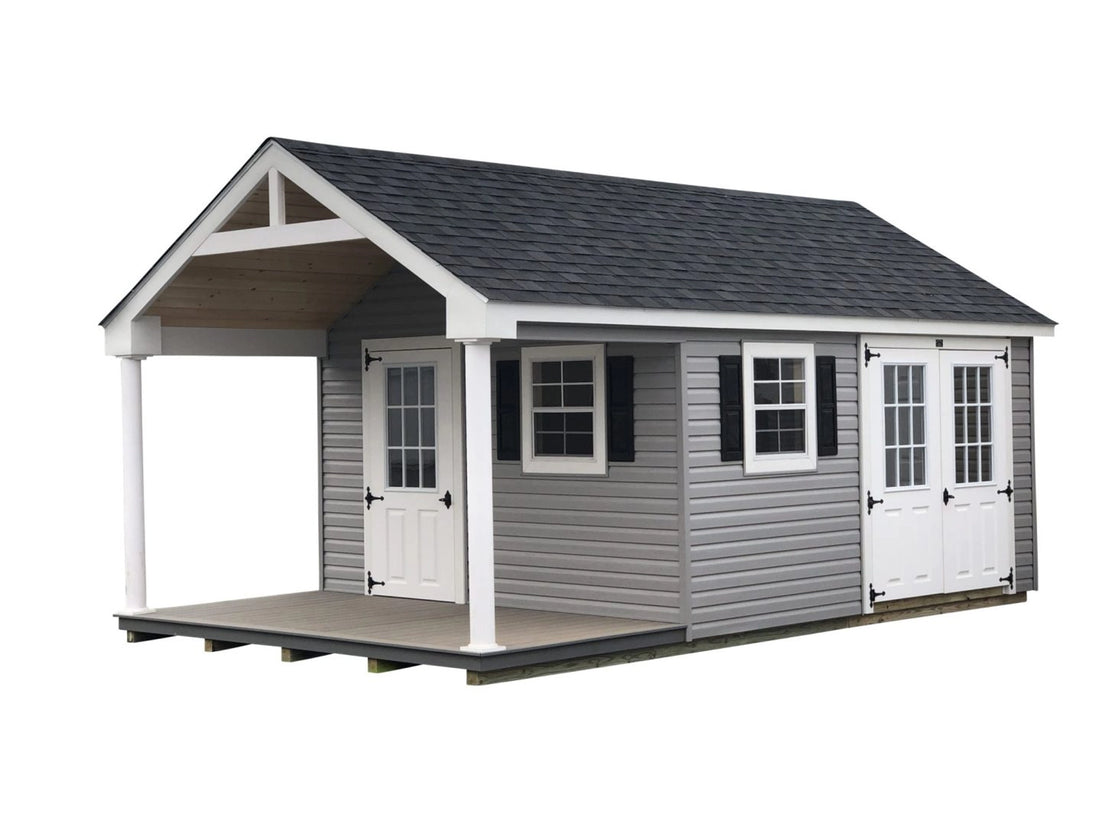 Woodsman Garden Shed with Covered Deck and loft - Prebuilt with finished interior option