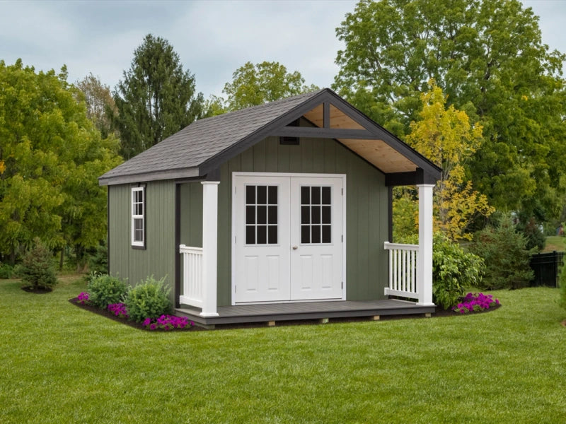Woodsman Garden Shed with Covered Deck and loft - Prebuilt with finished interior option