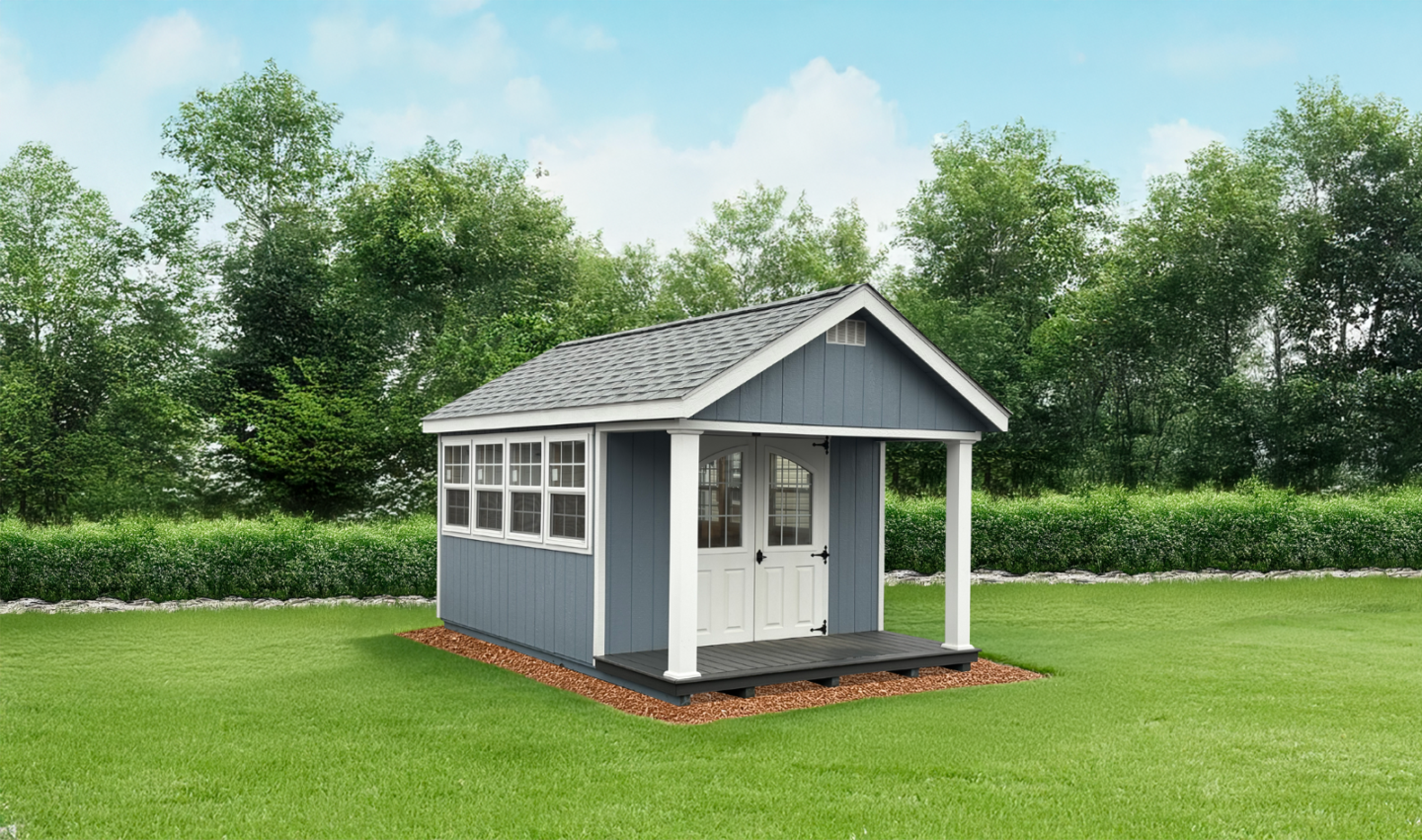 Woodsman Garden Shed with Covered Deck and loft - Prebuilt with finished interior option