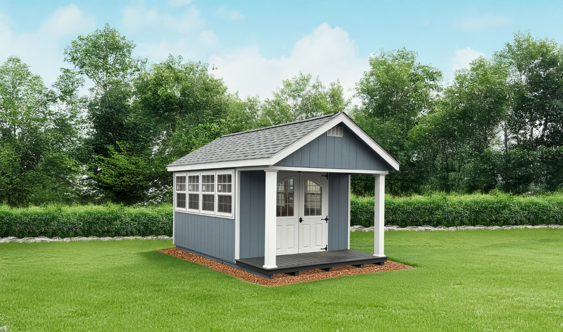 Woodsman Garden Shed with Covered Deck and loft - Prebuilt with finished interior option