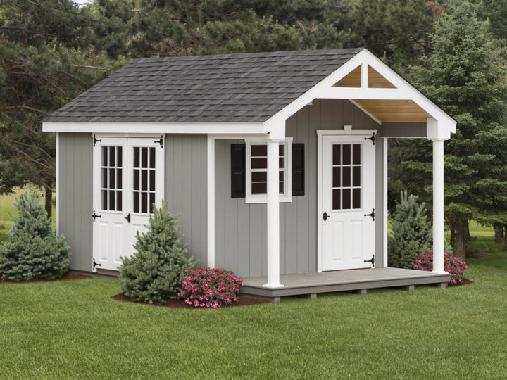 Woodsman Garden Shed with Covered Deck and loft - Prebuilt with finished interior option