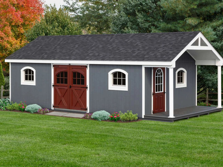 Woodsman Garden Shed with Covered Deck and loft - Prebuilt with finished interior option