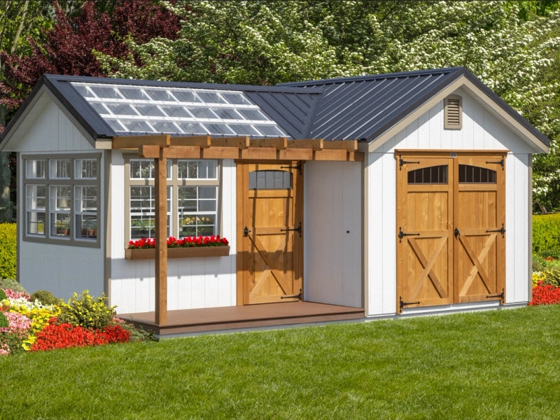 Greenhouse shed combo with cedar pergola and door and metal roof with polycarbonate panels
