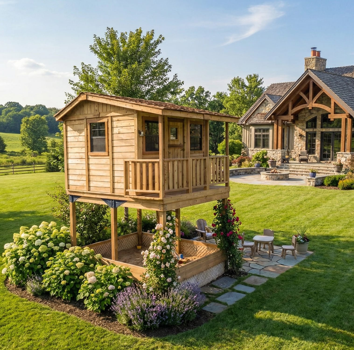 Cozy Cabin Cedar Playhouse, elevated with integrated sandbox, exterior view