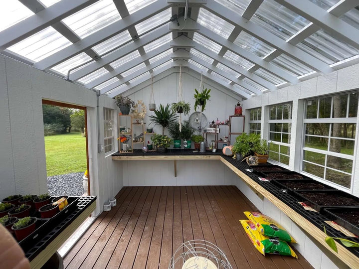Finished white interior of cottage style greenhouse shed