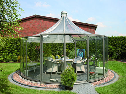 Rondo Garden Pavilion exterior view with rotating glass walls