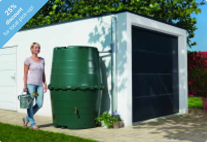 Top Tank 345 Gallon Rain Barrel, green, above-ground commercial rainwater storage