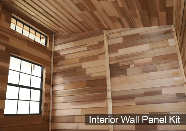 finished interior cedar wall of OLT  Studio Garden shed,